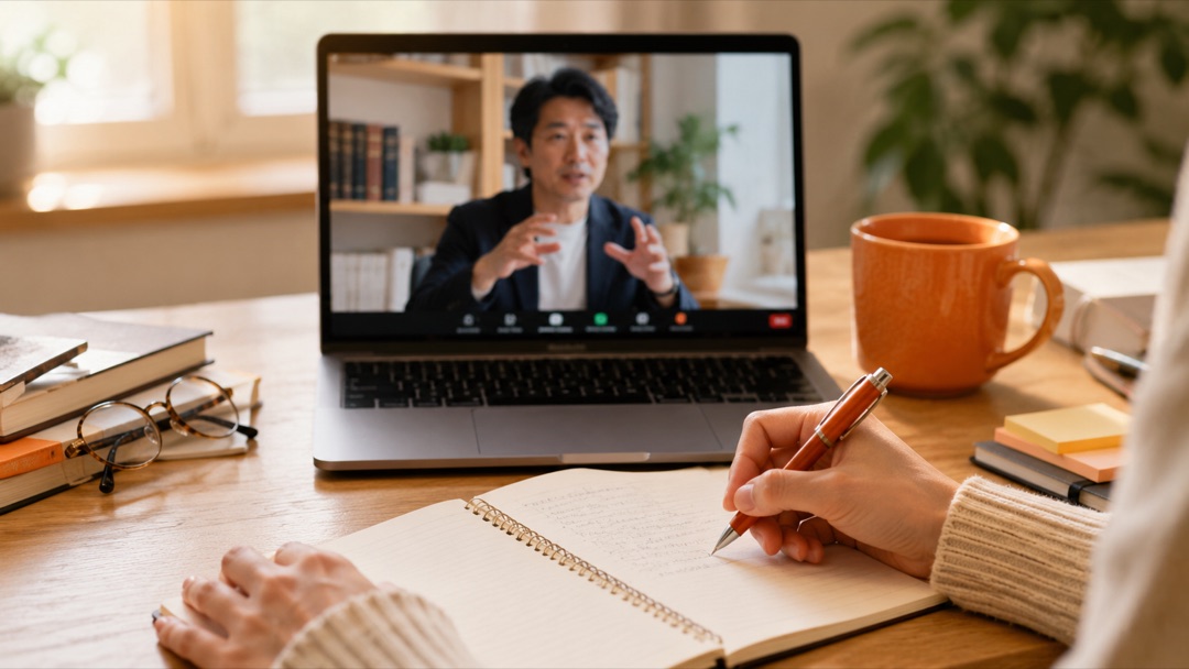 オンラインで編集者の解説を聞きながらメモを取る勉強会の様子