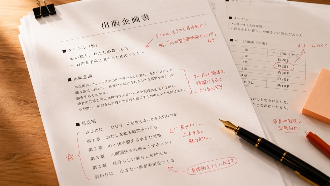 編集者が赤ペンで添削した出版企画書のクローズアップ